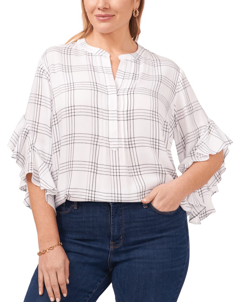 Front of a model wearing a size 1X Stella Plaid Blouse in NEW IVORY by Vince Camuto. | dia_product_style_image_id:261787